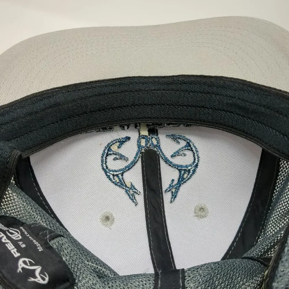 Realtree Baseball Cap Gray Blue M Fishing Hook Logo Mesh Back Stretch Fitted Hat